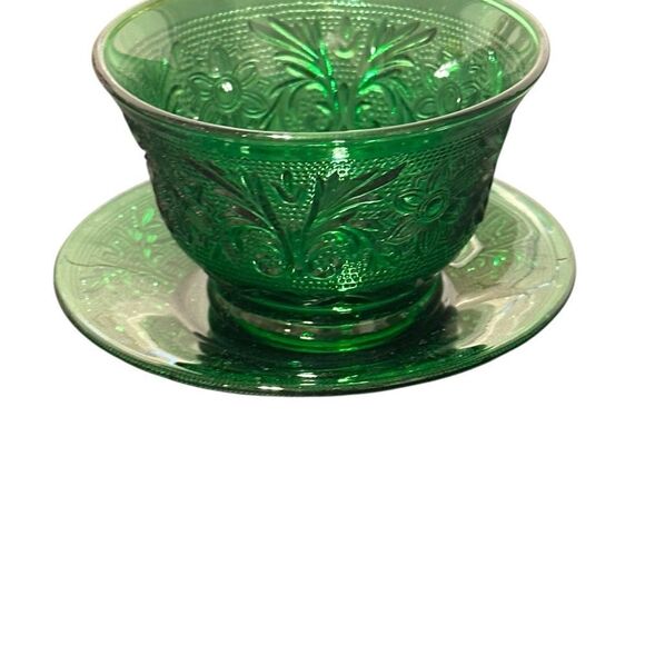 Vintage Anchor Hocking Sandwich Forest Green Custard Cup and liner/saucer - Picture 2 of 9